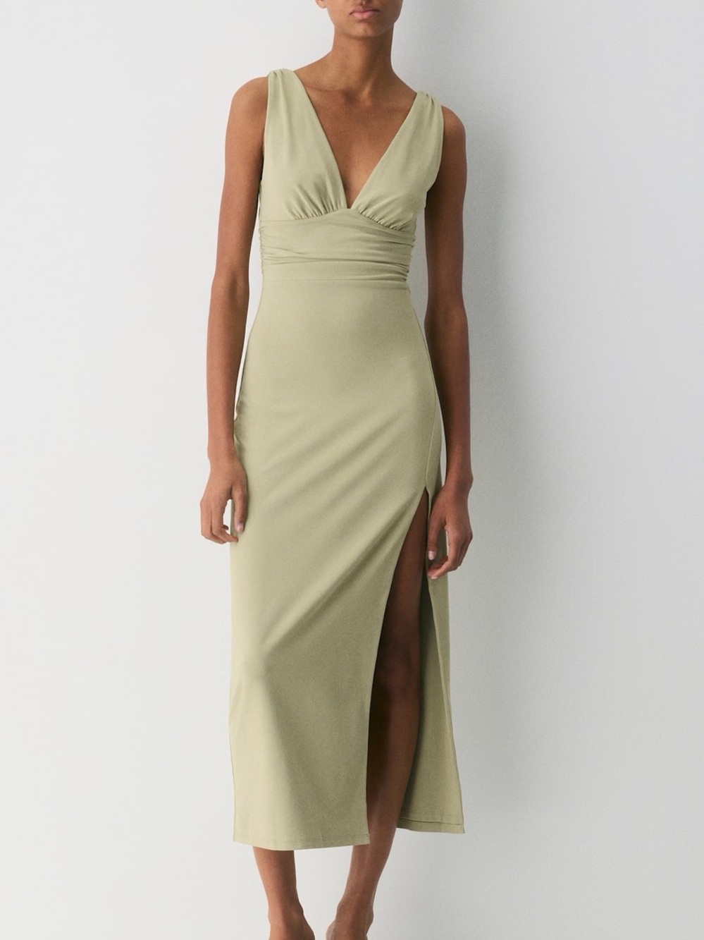Aritzia Light Sage V-Neck Sleeveless Midi Dress with Side Slit